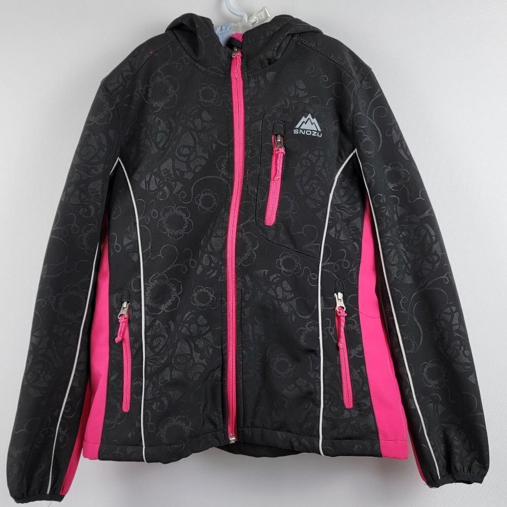 SNOZU Soft Shell Jacket Girls M 10/12 Black And Pink Faux Fur Lining Full Zip